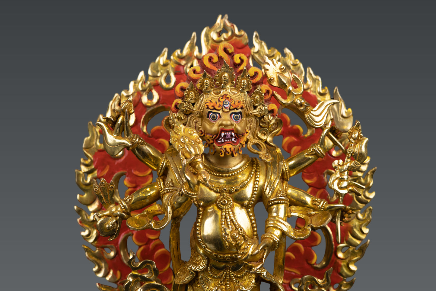 Tibetan Buddhism Rare Six Hand White Mahakala 24K Gold Face Paint Pure Copper Statue Figure Nepal free