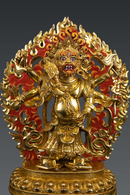 Tibetan Buddhism Rare Six Hand White Mahakala 24K Gold Face Paint Pure Copper Statue Figure Nepal free