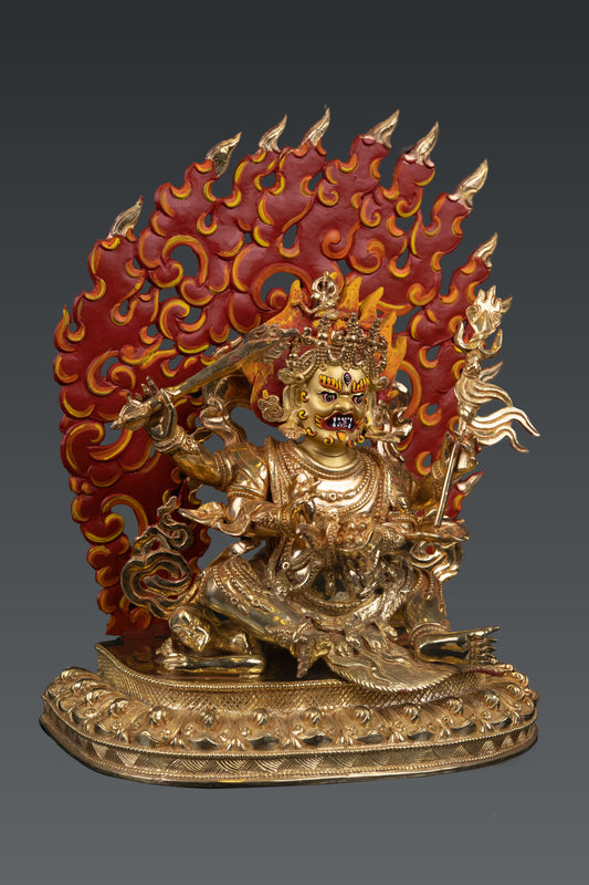 Tibetan Buddhism Gold Face Paint 4 Arms Lord Mahakala Bhairav Gold Plated Statue Figure Nepal free