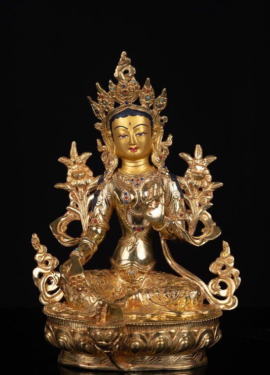 Tibetan Buddhism Gold Face Goddess Green Tara Rupa Dolma Dolma Jongma Turquoise Coral Lapiz Stone Gold Plated Copper Statue Sculpture Figure Nepal free