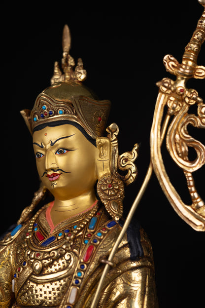 Tibetan Buddhism Gold Face Guru Rinpoche Padmasambhava Turquoise Coral Lapiz Stone Gold Plated Copper Statue Sculpture Figure Nepal free