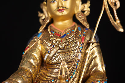 Tibetan Buddhism Gold Face Guru Rinpoche Padmasambhava Turquoise Coral Lapiz Stone Gold Plated Copper Statue Sculpture Figure Nepal free