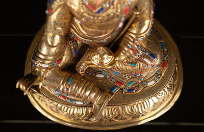 Tibetan Buddhism Gold Face Guru Rinpoche Padmasambhava Turquoise Coral Lapiz Stone Gold Plated Copper Statue Sculpture Figure Nepal free