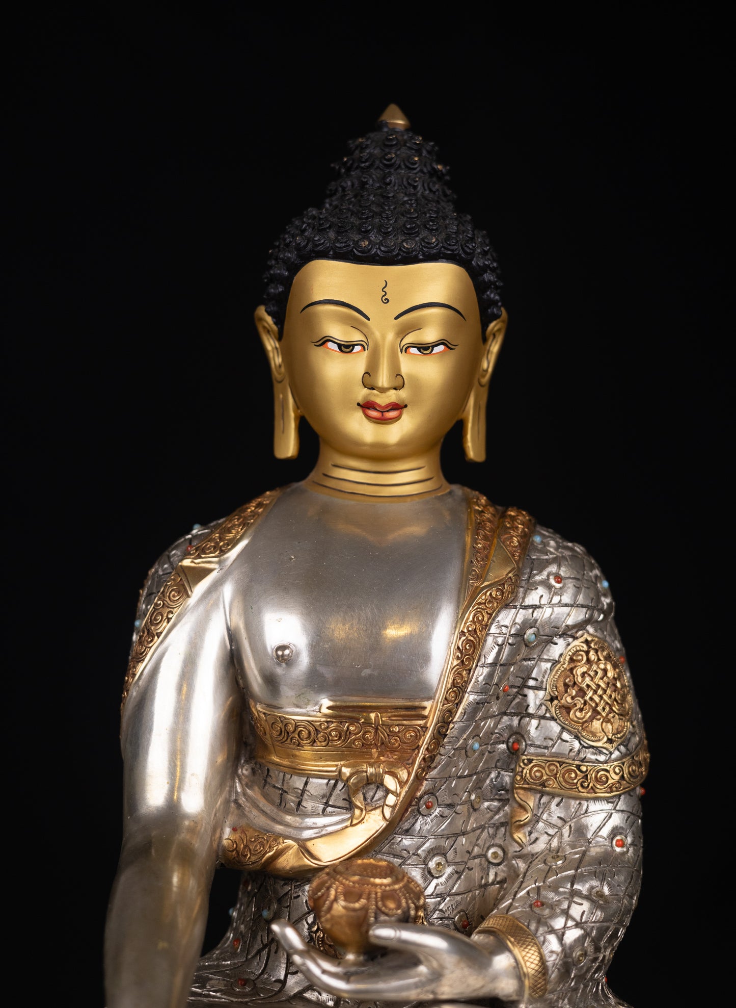 Tibetan Buddhism Gold Face Painting Lord Shakyamuni Buddha Shakya Hand Craved Gold Silver Plated Copper Statue Sculpture Figure Nepal free