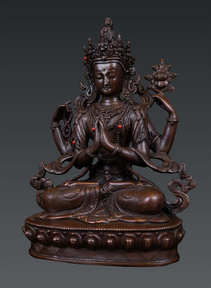 Tibetan Buddhism Lord Chenrezig Khacheri Pure Bronze Oxide Copper Statue Sculpture Nepal free