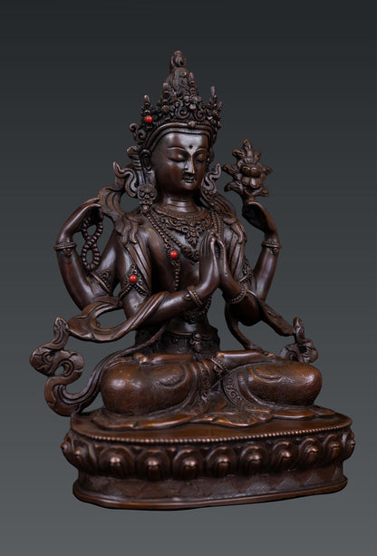 Tibetan Buddhism Lord Chenrezig Khacheri Pure Bronze Oxide Copper Statue Sculpture Nepal free