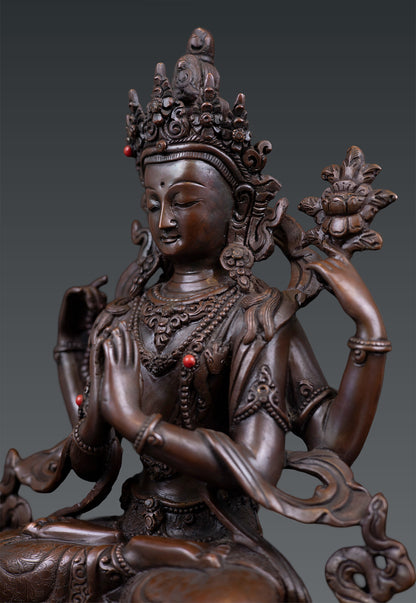 Tibetan Buddhism Lord Chenrezig Khacheri Pure Bronze Oxide Copper Statue Sculpture Nepal free