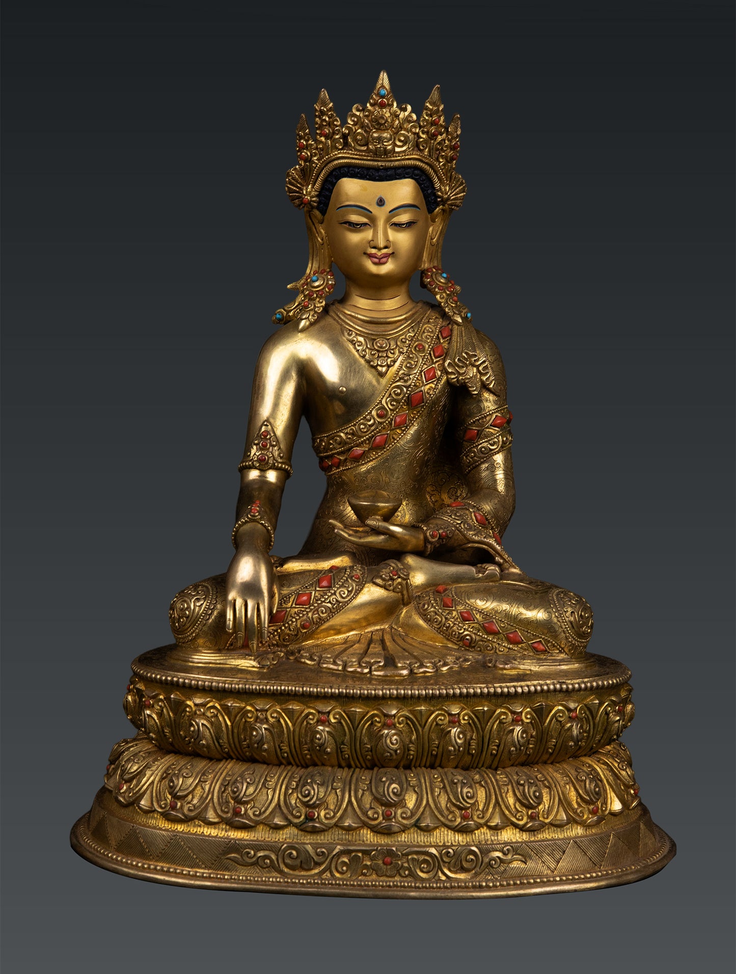 Unique Buddhism Lord Shakyamuni Buddha 24K Gold Plated Pure Bronze Coral Stone Statue Sculpture Nepal free