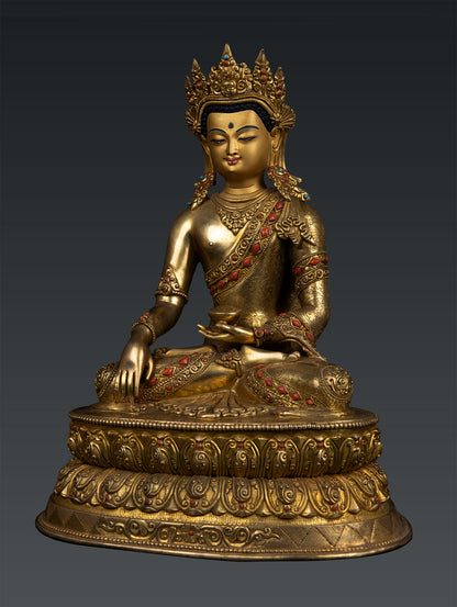 Unique Buddhism Lord Shakyamuni Buddha 24K Gold Plated Pure Bronze Coral Stone Statue Sculpture Nepal free