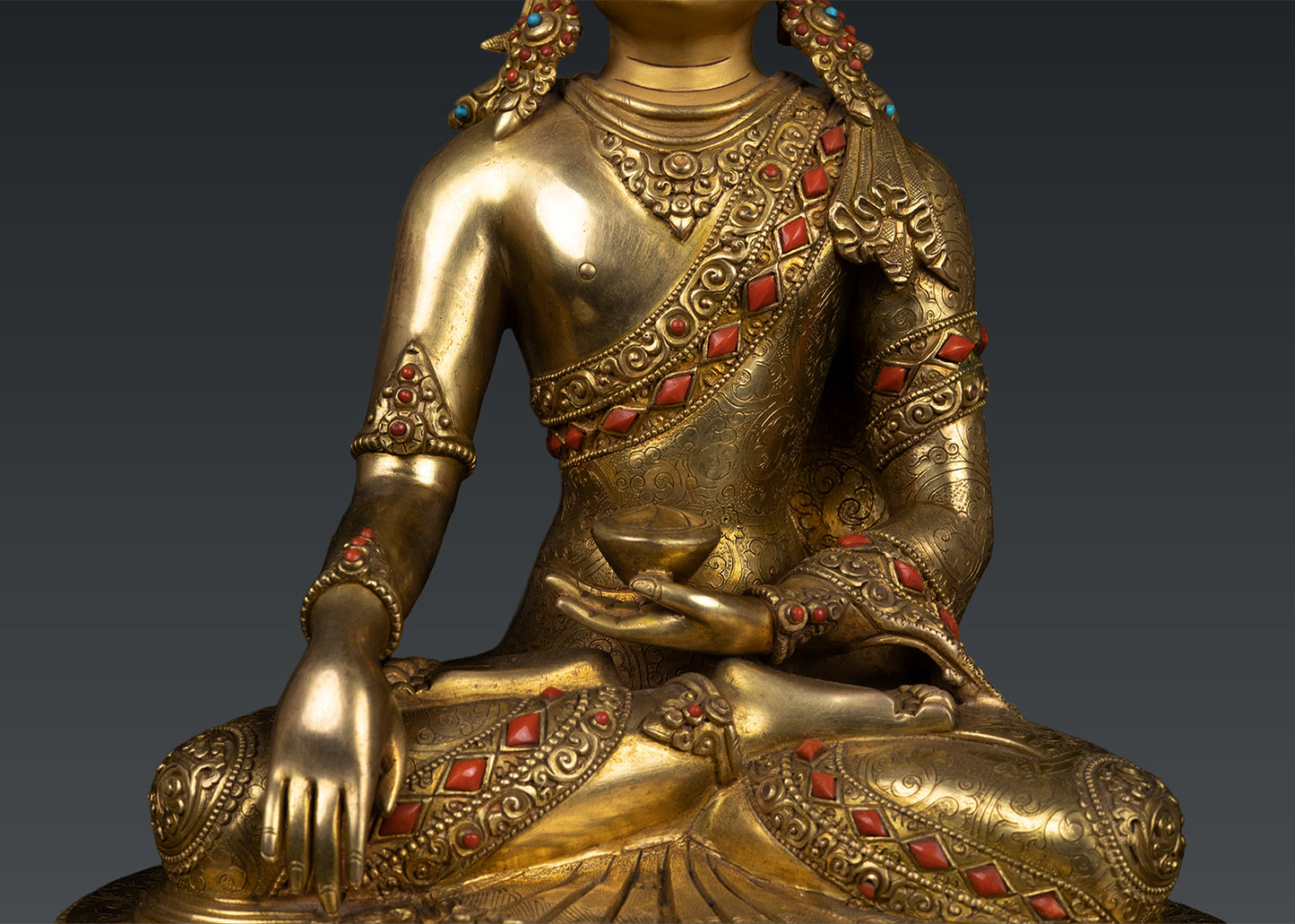 Unique Buddhism Lord Shakyamuni Buddha 24K Gold Plated Pure Bronze Coral Stone Statue Sculpture Nepal free