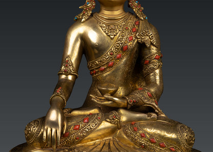 Unique Buddhism Lord Shakyamuni Buddha 24K Gold Plated Pure Bronze Coral Stone Statue Sculpture Nepal free