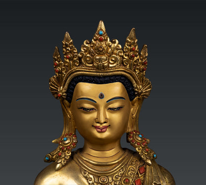 Unique Buddhism Lord Shakyamuni Buddha 24K Gold Plated Pure Bronze Coral Stone Statue Sculpture Nepal free