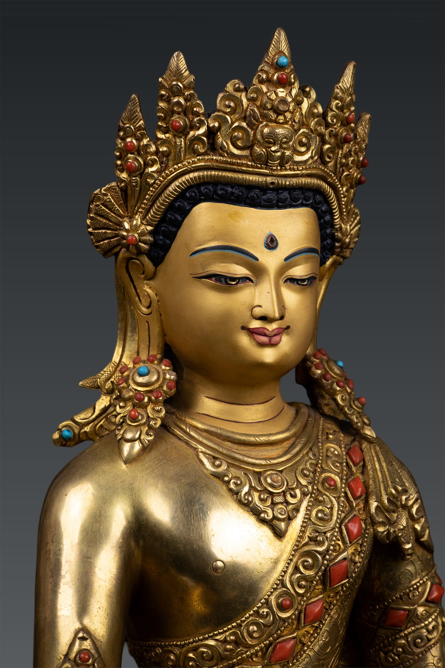 Unique Buddhism Lord Shakyamuni Buddha 24K Gold Plated Pure Bronze Coral Stone Statue Sculpture Nepal free