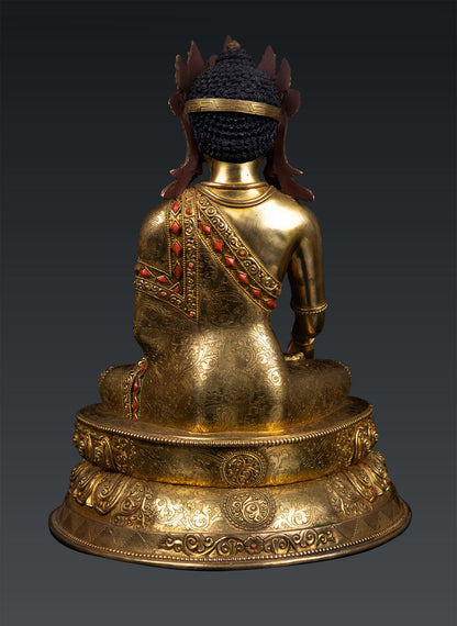 Unique Buddhism Lord Shakyamuni Buddha 24K Gold Plated Pure Bronze Coral Stone Statue Sculpture Nepal free