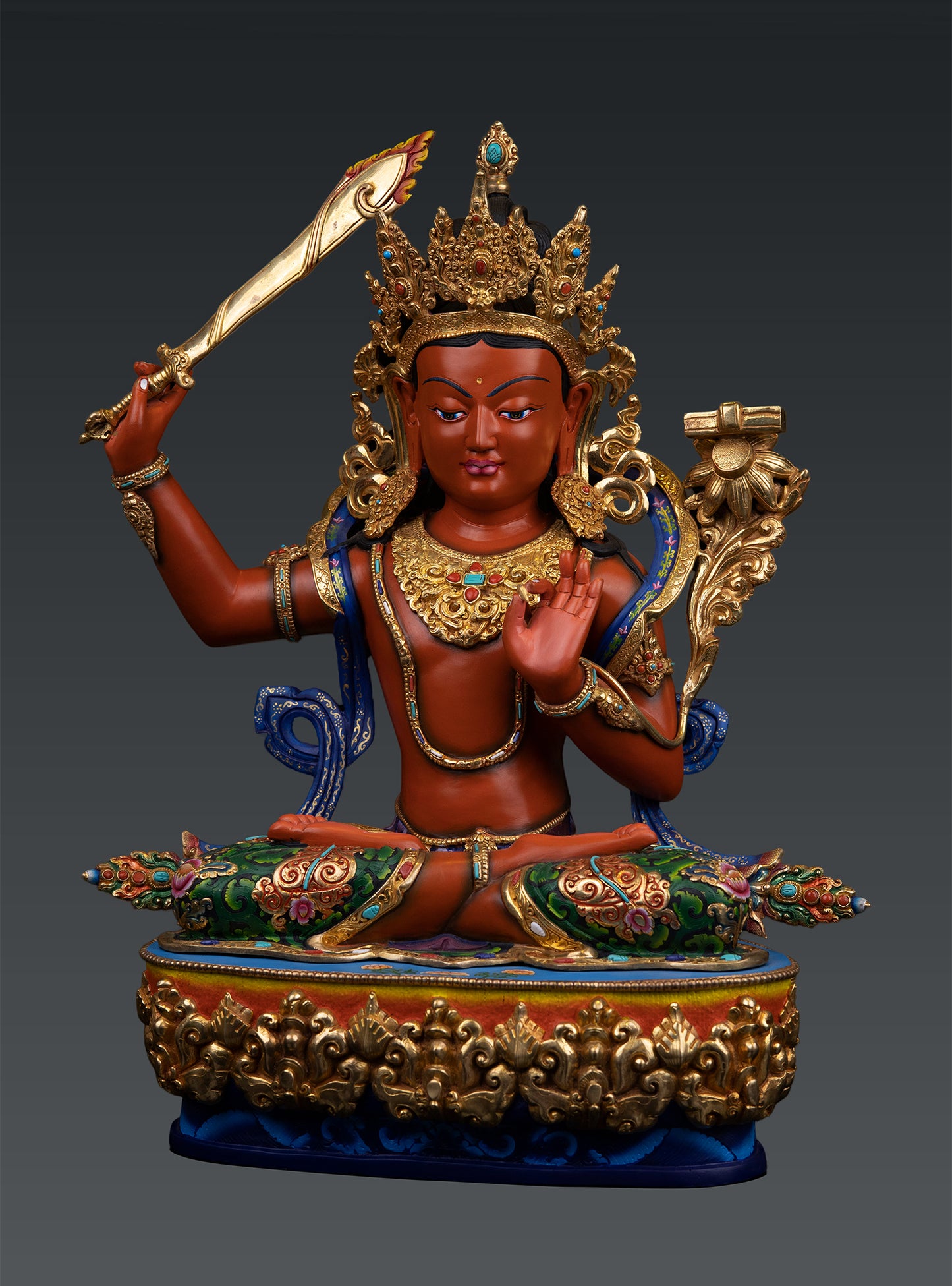 Unique Tibetan Buddhism Lord Manjushree Fine Hand Painting Pure Bronze Statue Sculpture Figure Nepal free