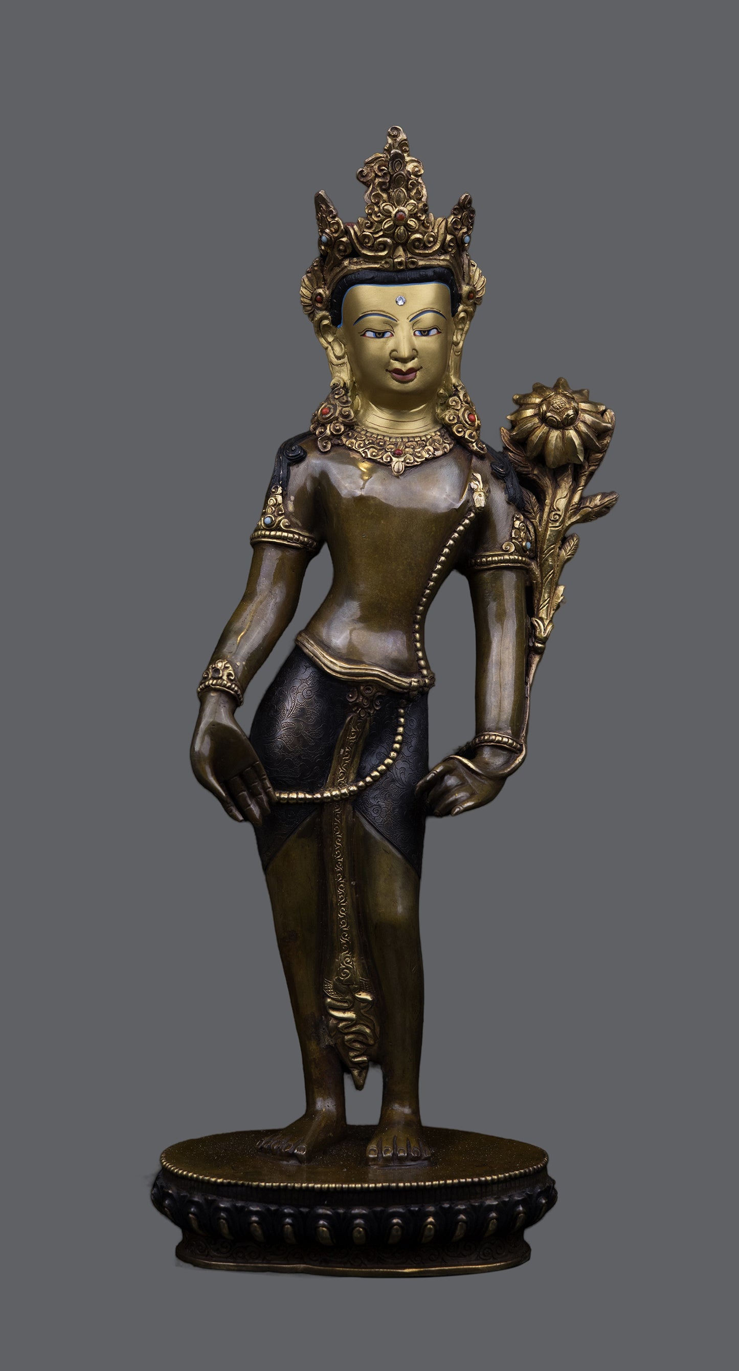 Tibetan Buddhism Standing Gold Face Lord Lokeshwor Pure Copper Oxide Statue Sculpture Figure Nepal free