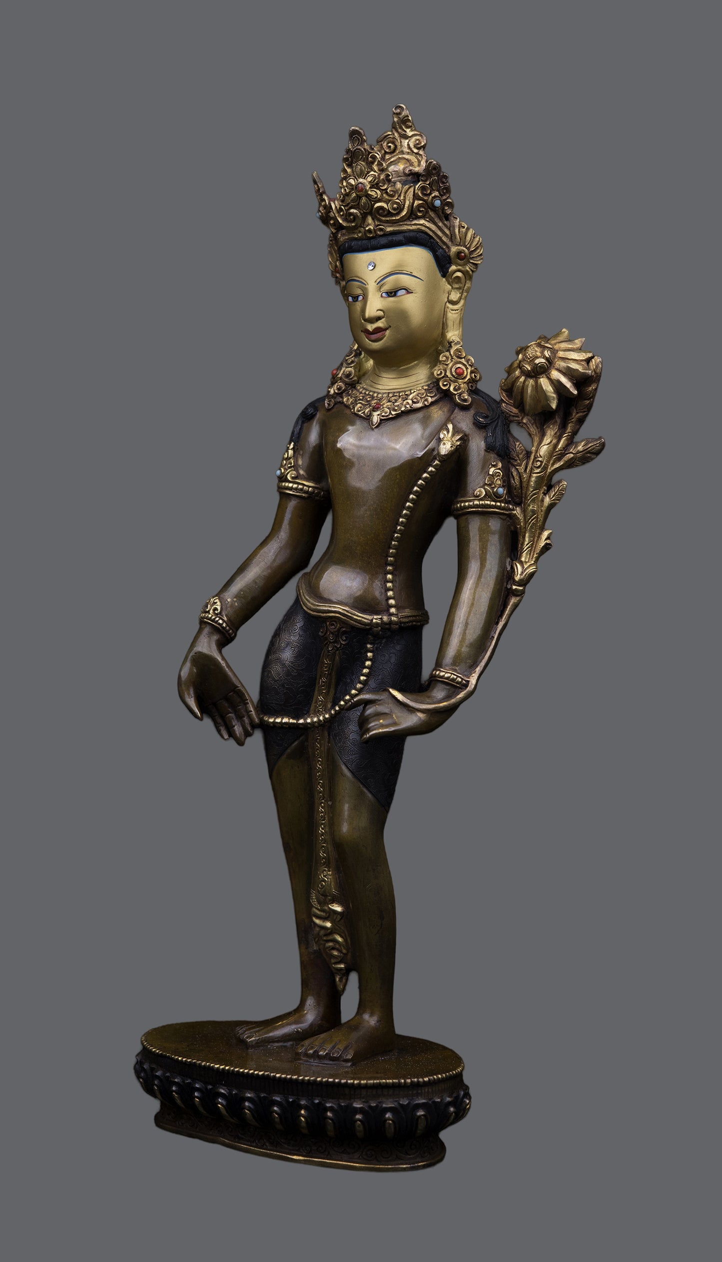 Tibetan Buddhism Standing Gold Face Lord Lokeshwor Pure Copper Oxide Statue Sculpture Figure Nepal free