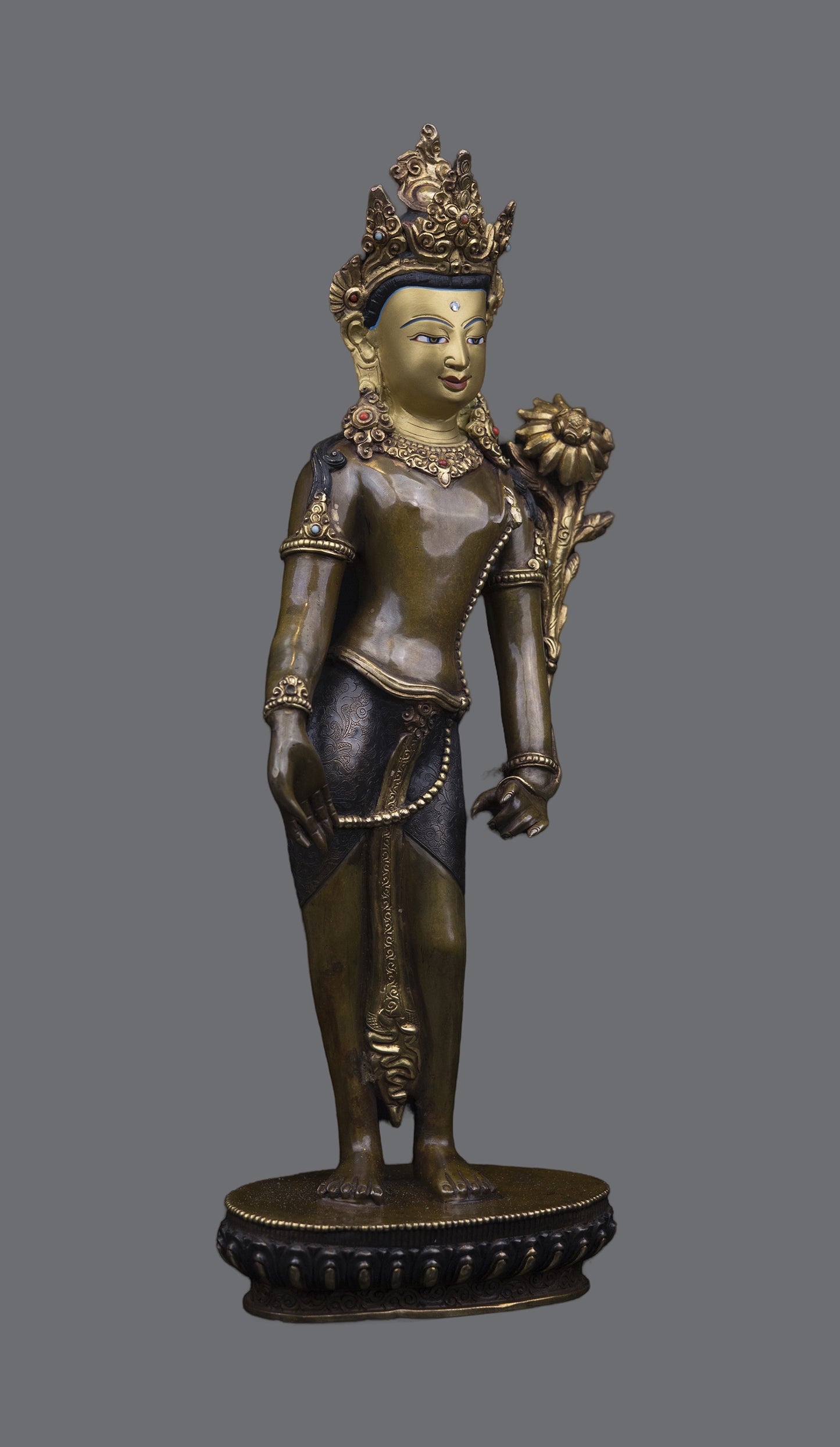 Tibetan Buddhism Standing Gold Face Lord Lokeshwor Pure Copper Oxide Statue Sculpture Figure Nepal free