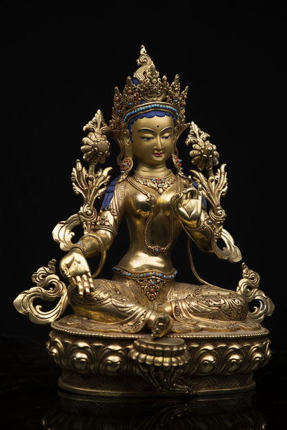 Tibetan Goddess Green Tara Rupa Pure Copper Real Stone Turquoise Sculpture Figure Nepal free