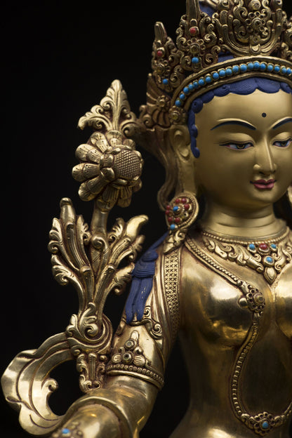 Tibetan Goddess Green Tara Rupa Pure Copper Real Stone Turquoise Sculpture Figure Nepal free