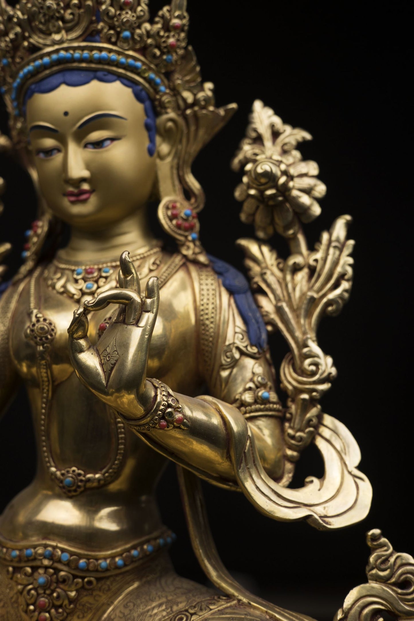 Tibetan Goddess Green Tara Rupa Pure Copper Real Stone Turquoise Sculpture Figure Nepal free