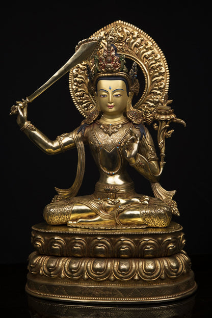 Unique Tibetan Buddhism Lord Manjushri Gold Plated Pure Copper Statue Figure Sculpture Nepal free