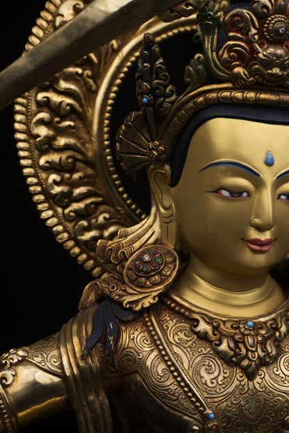 Unique Tibetan Buddhism Lord Manjushri Gold Plated Pure Copper Statue Figure Sculpture Nepal free