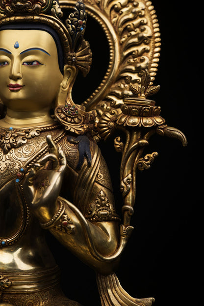 Unique Tibetan Buddhism Lord Manjushri Gold Plated Pure Copper Statue Figure Sculpture Nepal free
