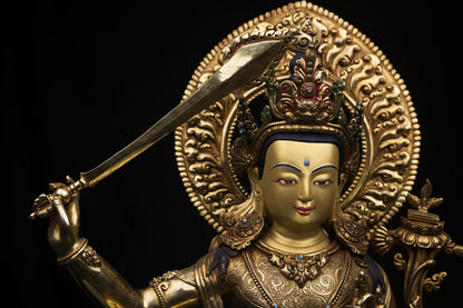 Unique Tibetan Buddhism Lord Manjushri Gold Plated Pure Copper Statue Figure Sculpture Nepal free