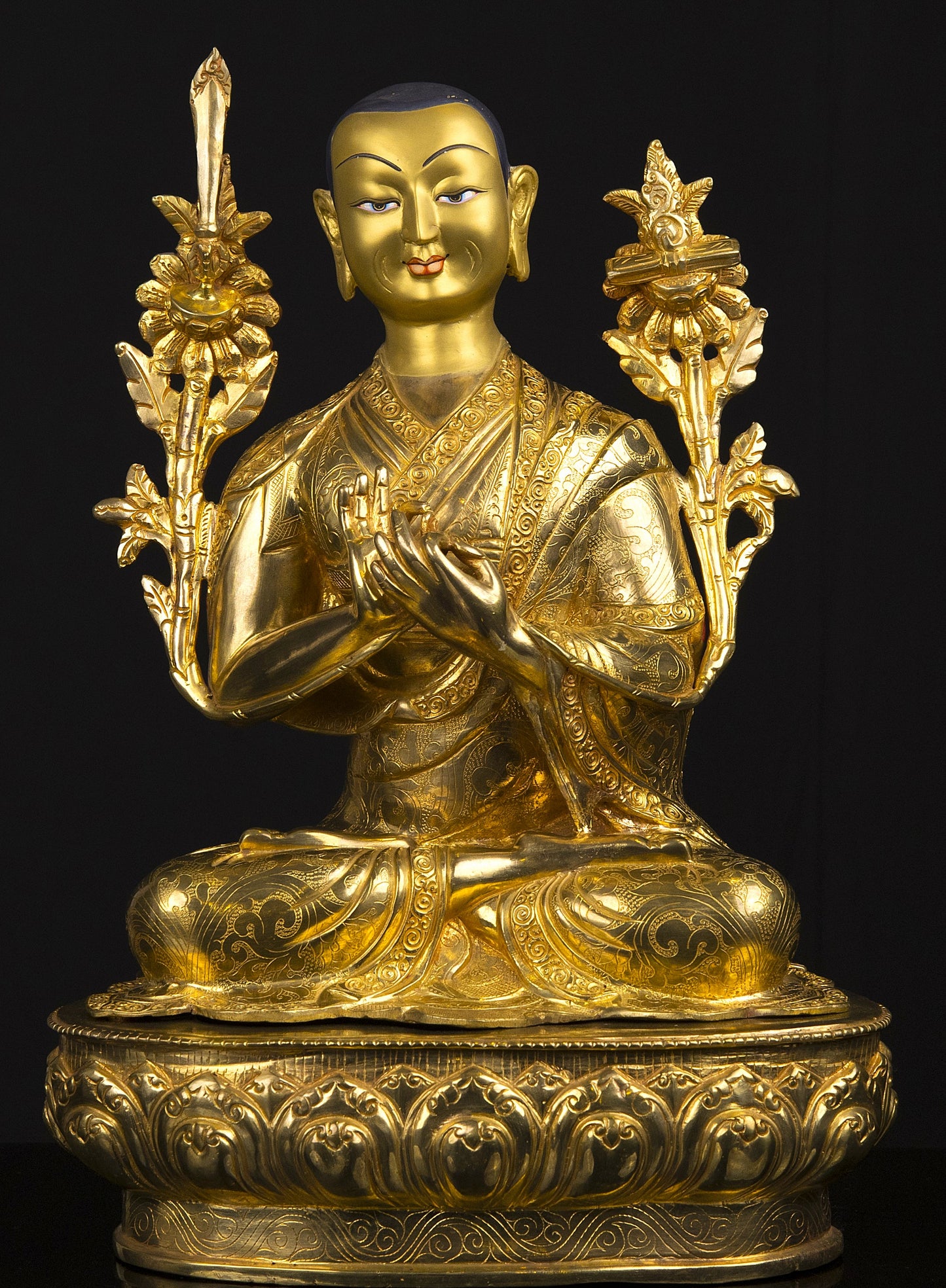 Tibetan Buddhism Set of Tsongkhapa Buddha Gold Face Hand Painting Copper Gold Plated Statue Sculpture Figure free