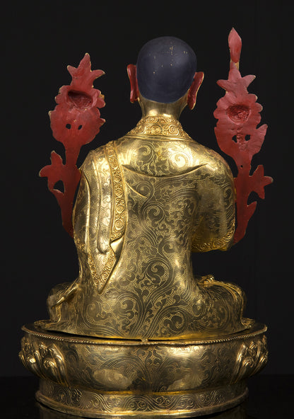 Tibetan Buddhism Set of Tsongkhapa Buddha Gold Face Hand Painting Copper Gold Plated Statue Sculpture Figure free