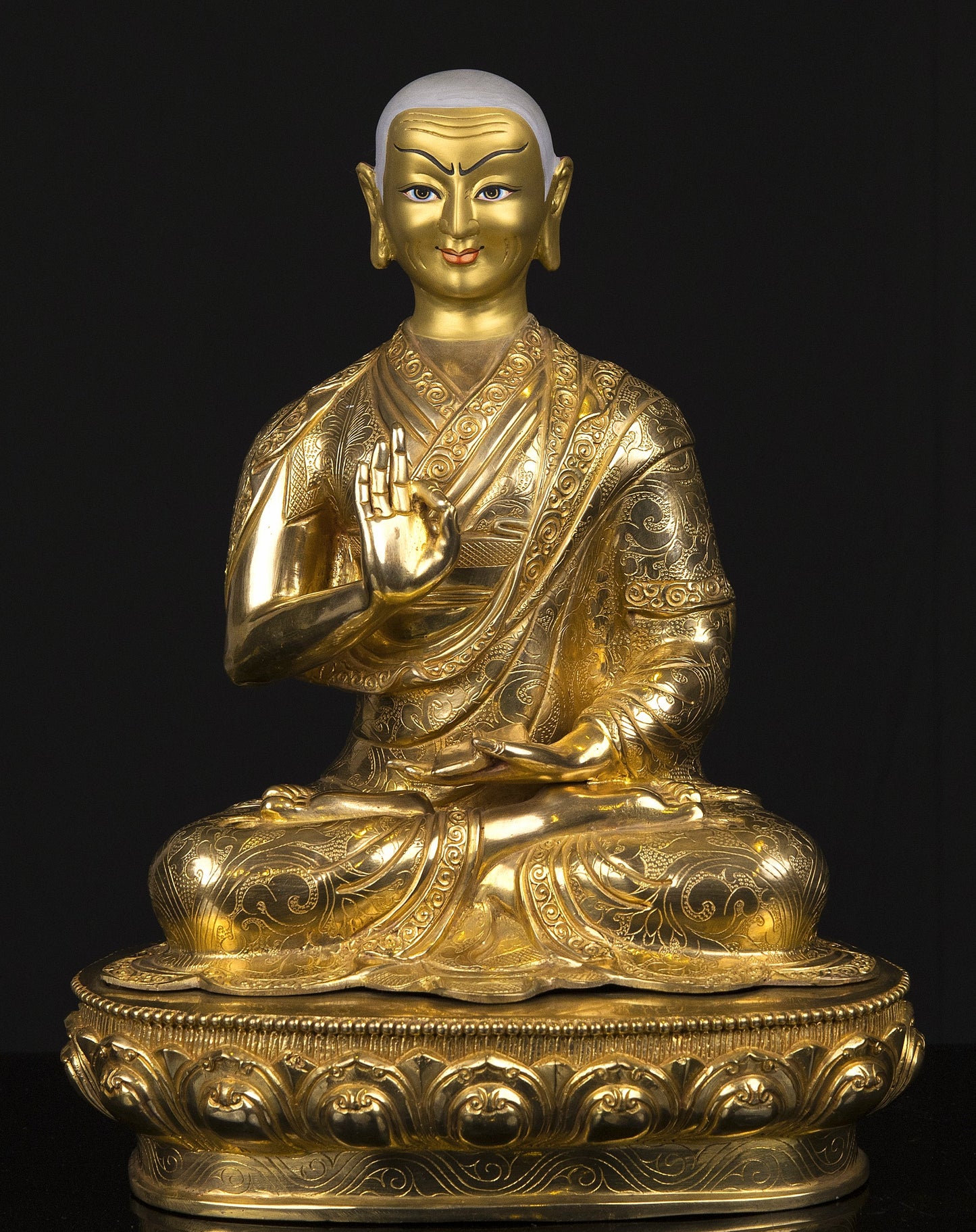 Tibetan Buddhism Set of Tsongkhapa Buddha Gold Face Hand Painting Copper Gold Plated Statue Sculpture Figure free