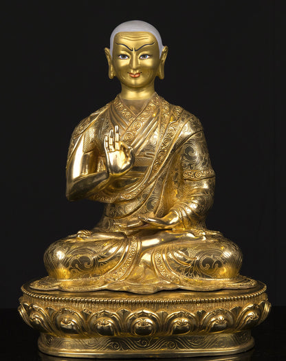 Tibetan Buddhism Set of Tsongkhapa Buddha Gold Face Hand Painting Copper Gold Plated Statue Sculpture Figure free