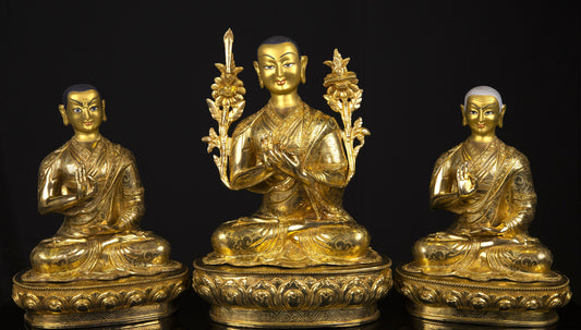 Tibetan Buddhism Set of Tsongkhapa Buddha Gold Face Hand Painting Copper Gold Plated Statue Sculpture Figure free
