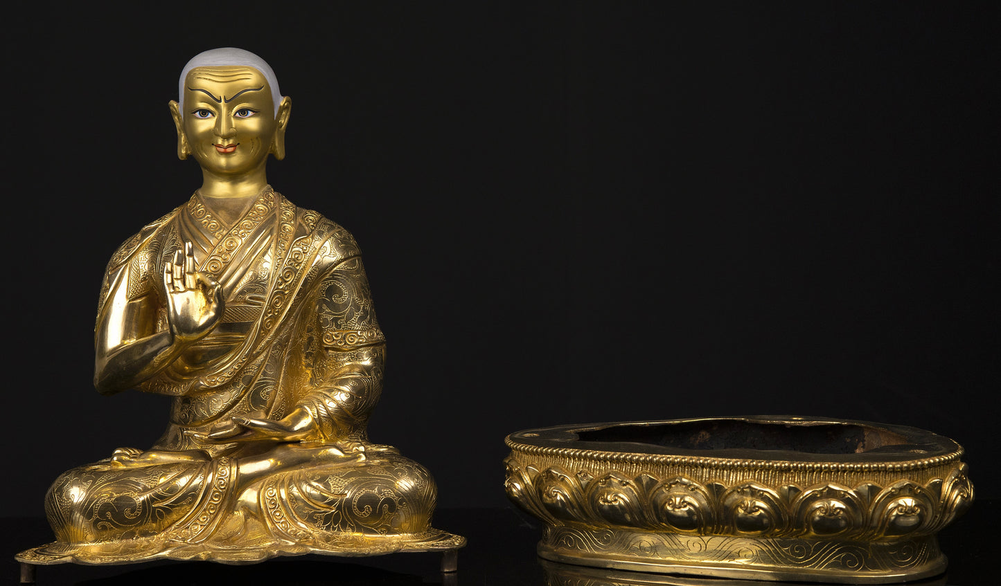Tibetan Buddhism Set of Tsongkhapa Buddha Gold Face Hand Painting Copper Gold Plated Statue Sculpture Figure free