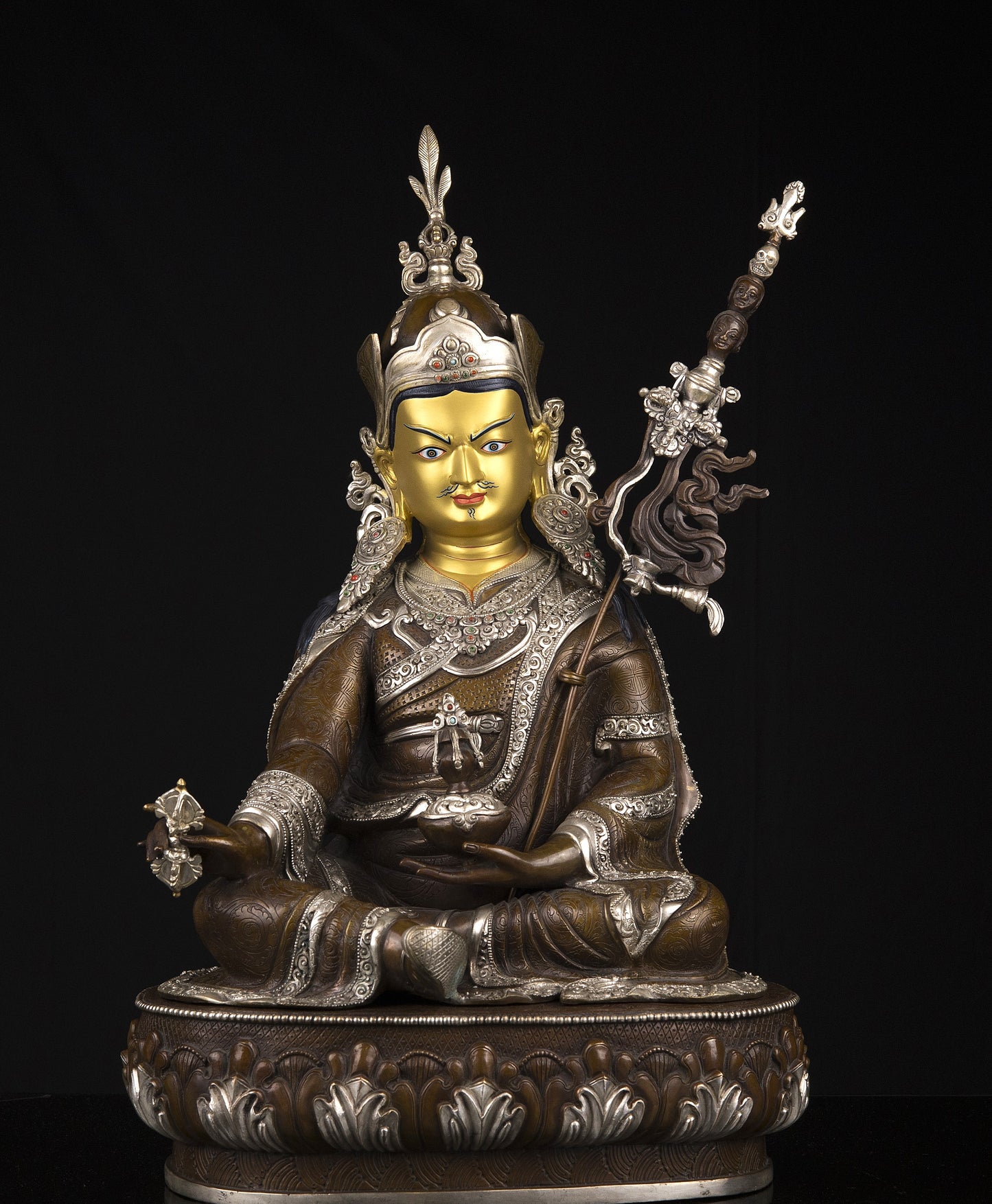 Tibetan Buddhism Gold Face Guru Rinpoche Padmasambhava Silver Oxide Copper Statue Sculpture Figure Nepal free