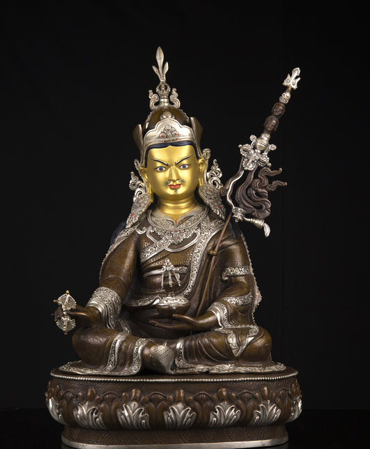 Tibetan Buddhism Gold Face Guru Rinpoche Padmasambhava Silver Oxide Copper Statue Sculpture Figure Nepal free