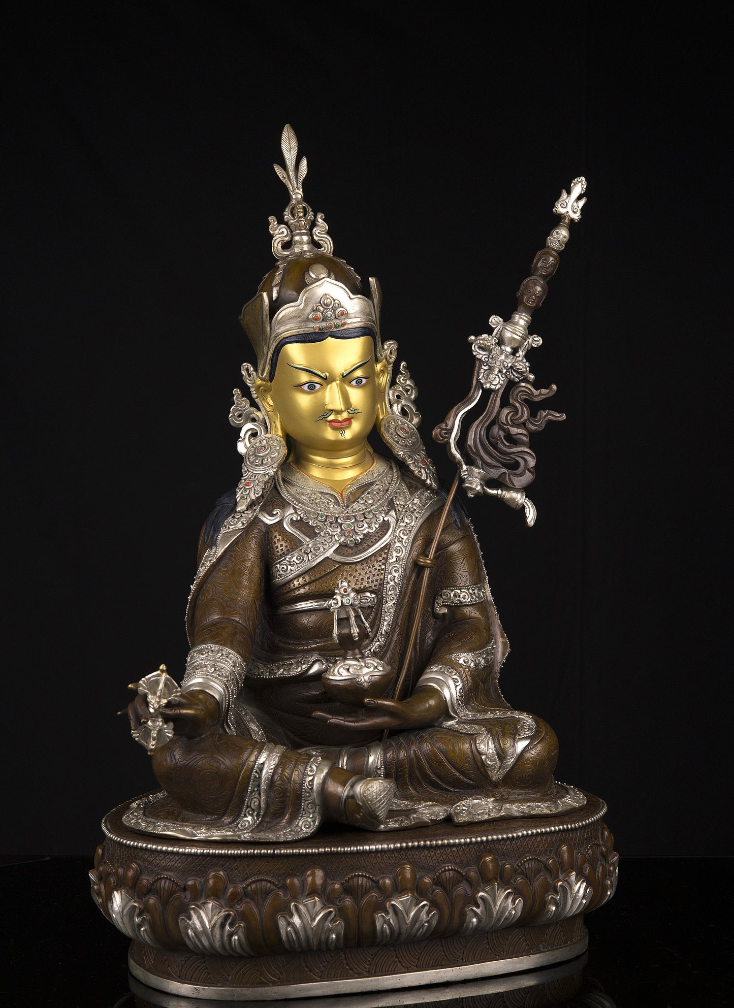 Tibetan Buddhism Gold Face Guru Rinpoche Padmasambhava Silver Oxide Copper Statue Sculpture Figure Nepal free