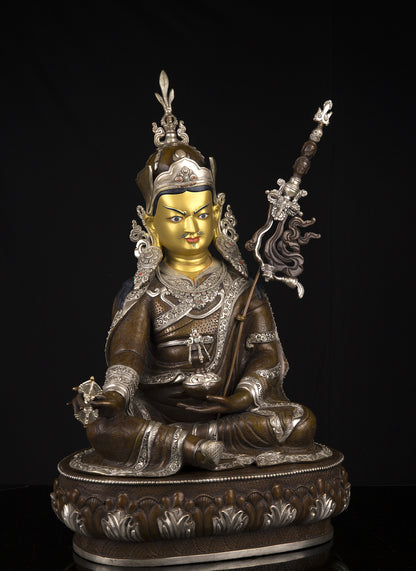 Tibetan Buddhism Gold Face Guru Rinpoche Padmasambhava Silver Oxide Copper Statue Sculpture Figure Nepal free