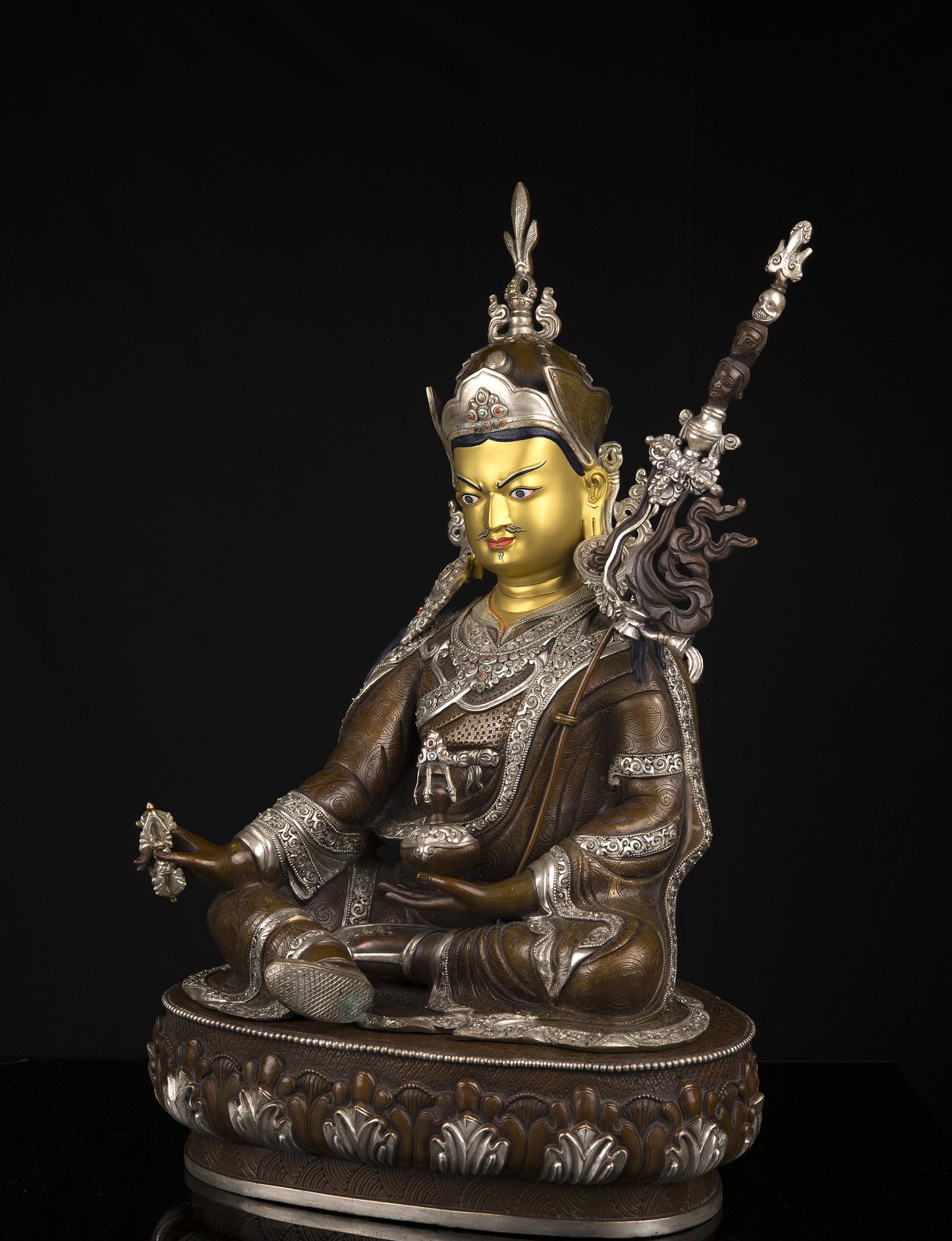 Tibetan Buddhism Gold Face Guru Rinpoche Padmasambhava Silver Oxide Copper Statue Sculpture Figure Nepal free