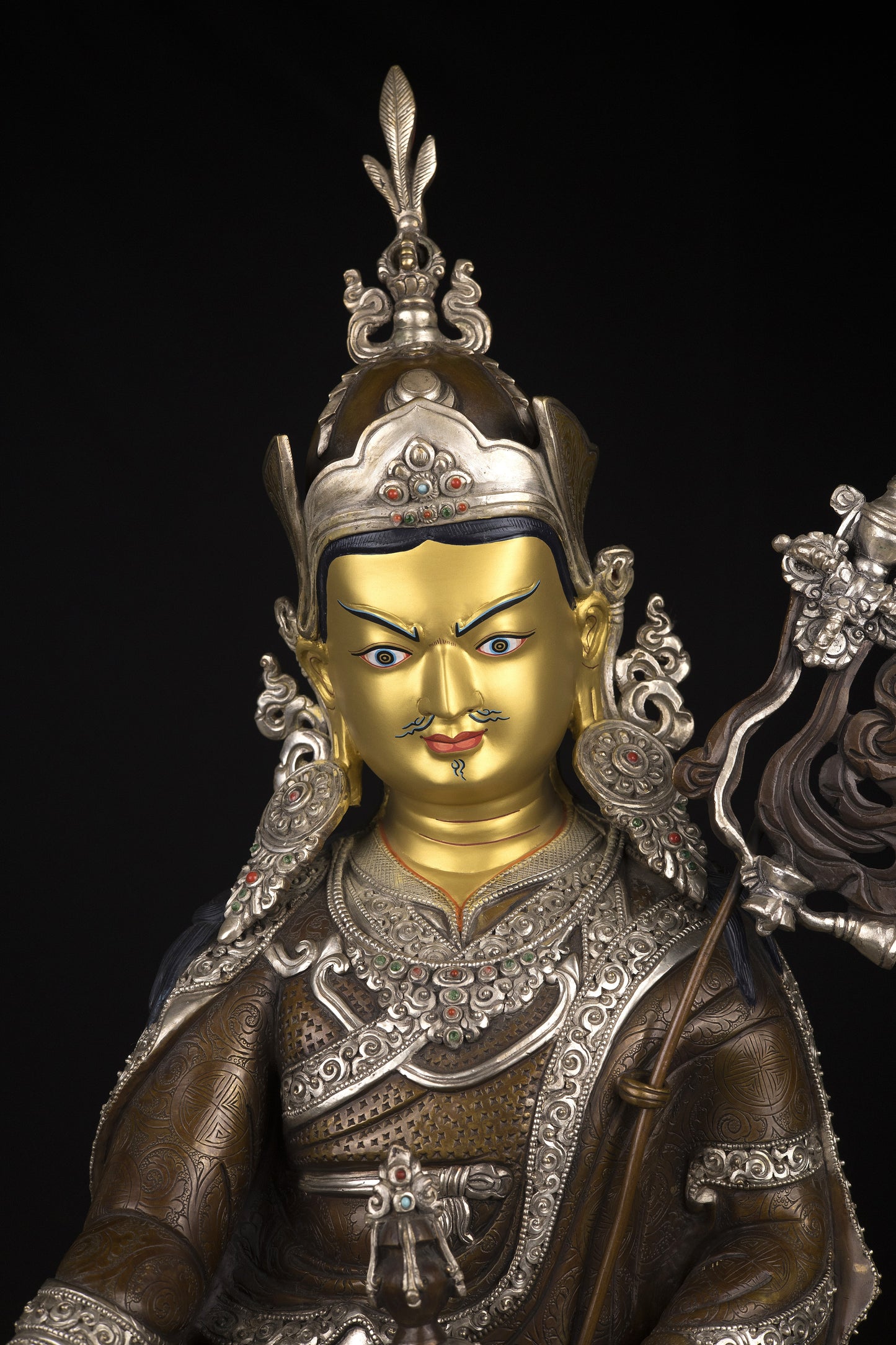 Tibetan Buddhism Gold Face Guru Rinpoche Padmasambhava Silver Oxide Copper Statue Sculpture Figure Nepal free