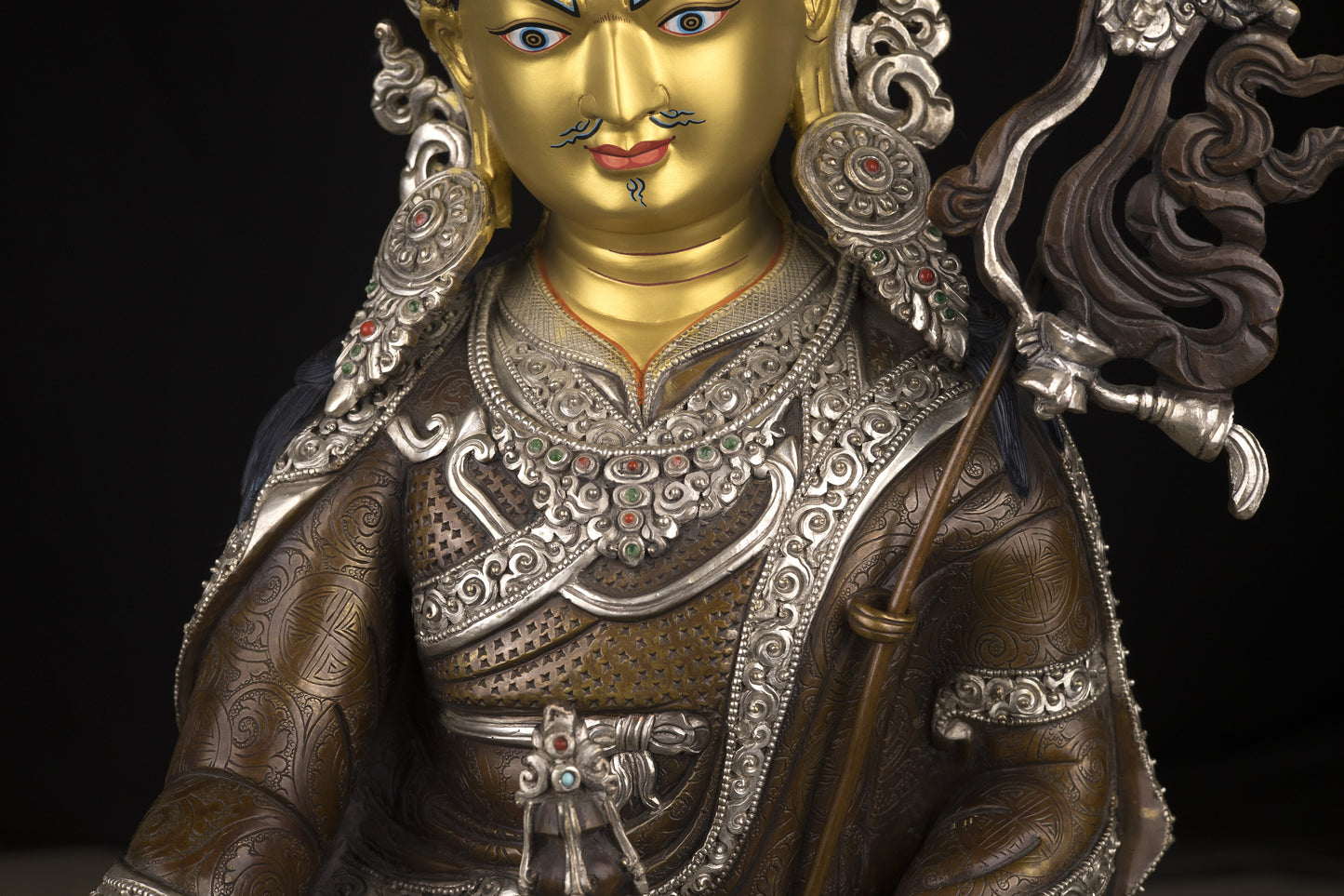 Tibetan Buddhism Gold Face Guru Rinpoche Padmasambhava Silver Oxide Copper Statue Sculpture Figure Nepal free