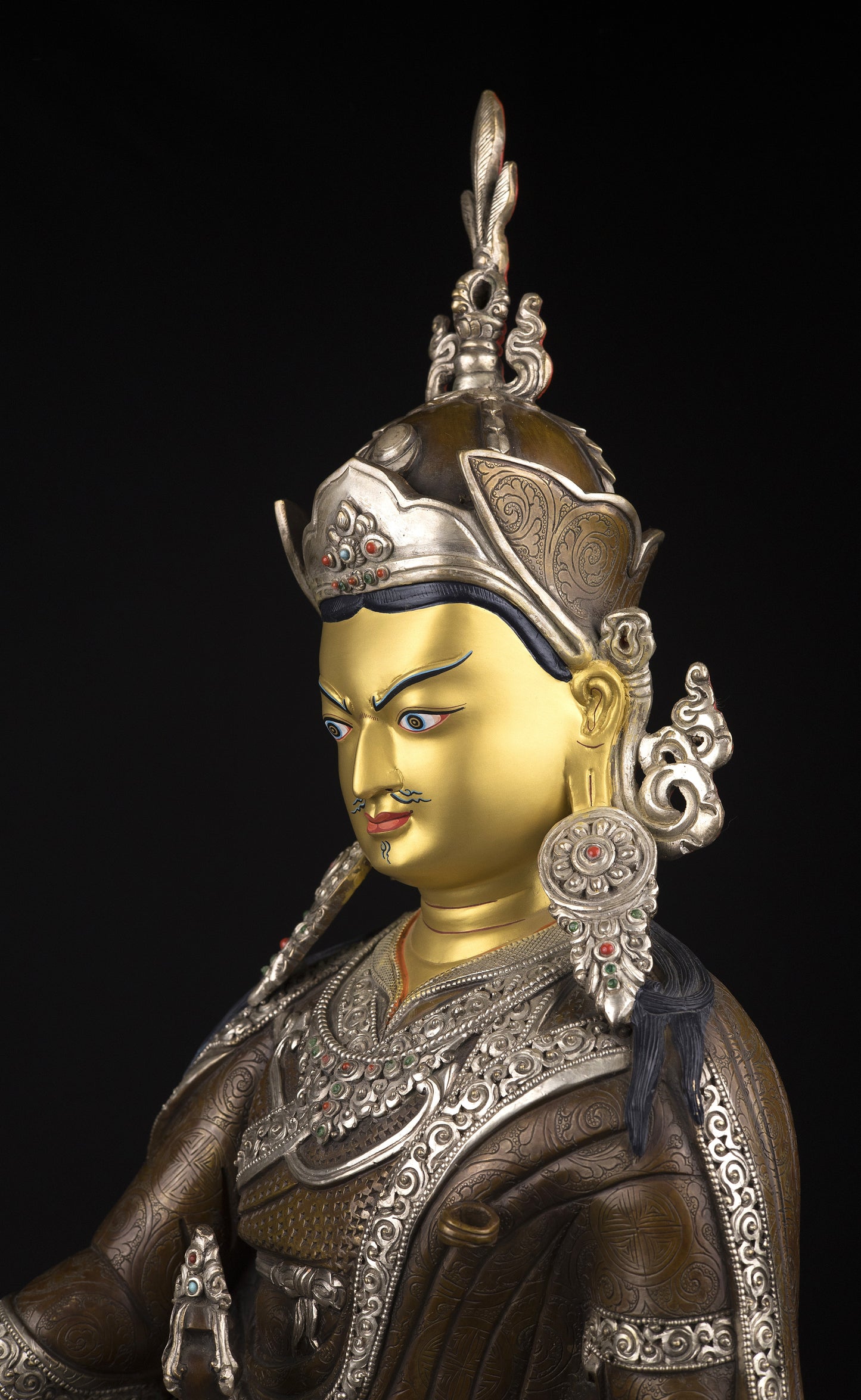 Tibetan Buddhism Gold Face Guru Rinpoche Padmasambhava Silver Oxide Copper Statue Sculpture Figure Nepal free
