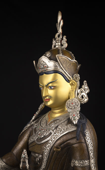 Tibetan Buddhism Gold Face Guru Rinpoche Padmasambhava Silver Oxide Copper Statue Sculpture Figure Nepal free