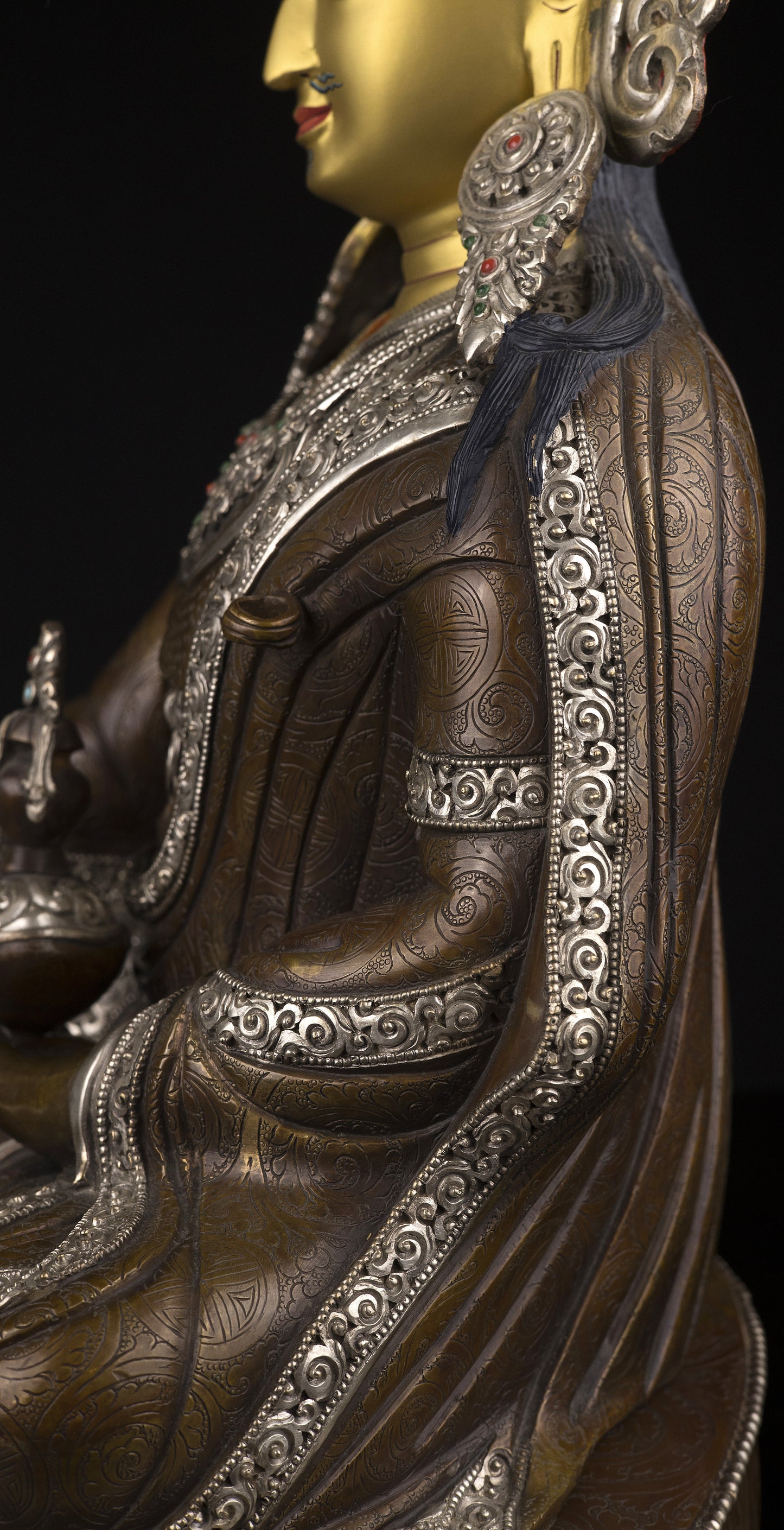 Tibetan Buddhism Gold Face Guru Rinpoche Padmasambhava Silver Oxide Copper Statue Sculpture Figure Nepal free