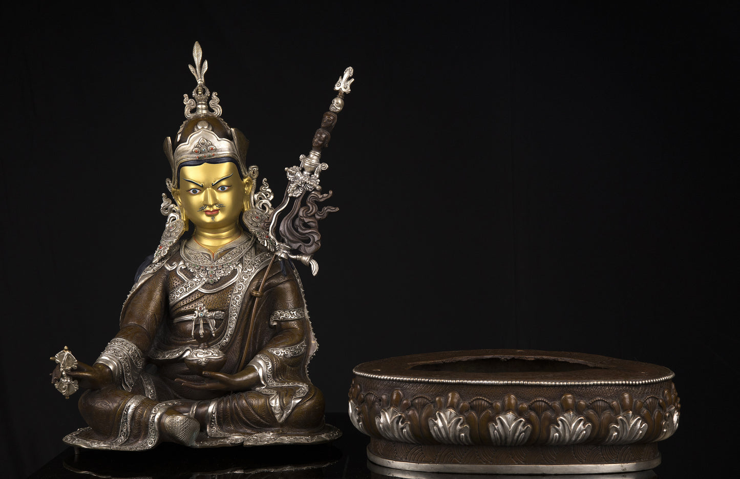 Tibetan Buddhism Gold Face Guru Rinpoche Padmasambhava Silver Oxide Copper Statue Sculpture Figure Nepal free
