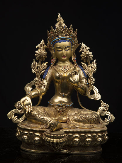 Tibetan Goddess Green Tara Rupa Pure Copper Real Stone Turquoise Sculpture Figure Nepal free