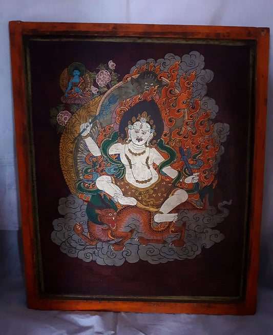 Unique Vintage Lord Zambala Jambala Hand Painting Wall hanging Wooden Frame Thangka free