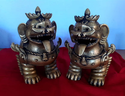 Tibetan Pair of Lion Feng Shui Lions Foo Fu Dog Guardian Singha Brass Statue Sculpture Nepal free