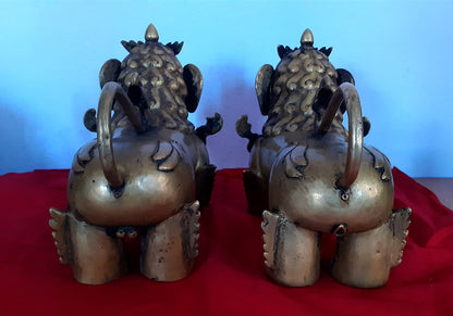 Tibetan Pair of Lion Feng Shui Lions Foo Fu Dog Guardian Singha Brass Statue Sculpture Nepal free